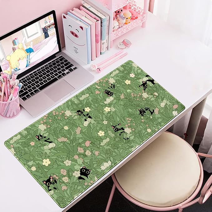 Green Desk Mat XL Cat Cute Plant Cool Desk Pad Keyboard Mat Kawaii Black Cat - Image 7