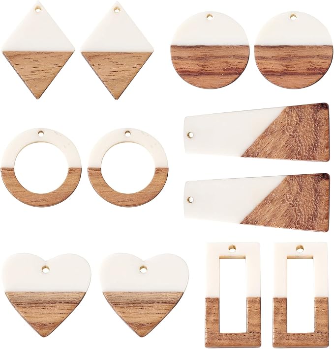 FASHEWELRY 12Pcs Resin Wooden Pendants 6 Styles Rectangle Rhombus Flat Round by FASHEWELRY