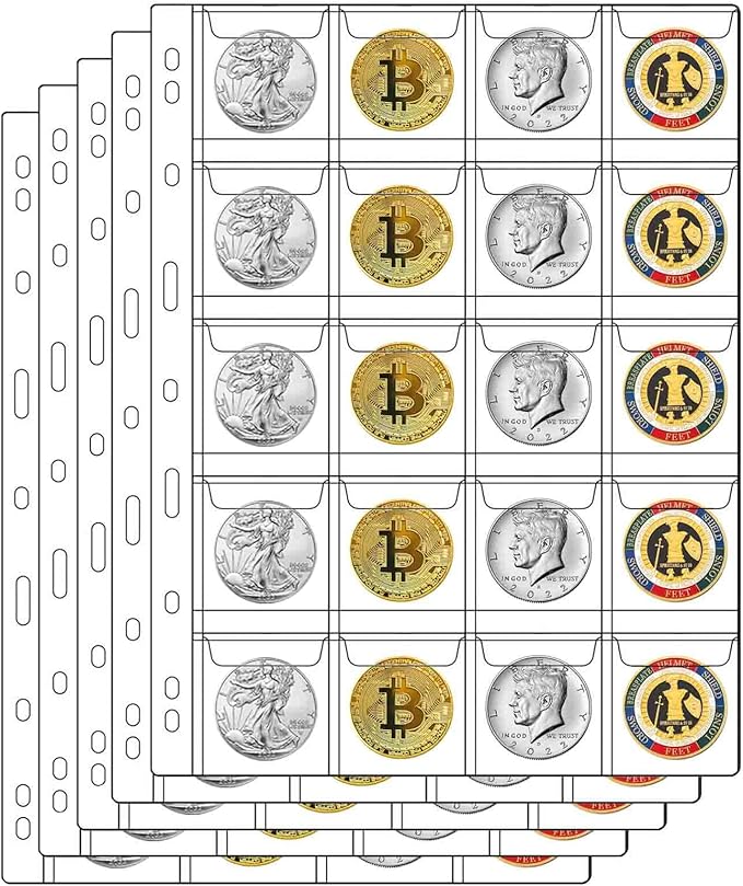20-Pocket Coin Pages for Collectors, Standard 9-Hole Coin Collection Pages fit by Suremita