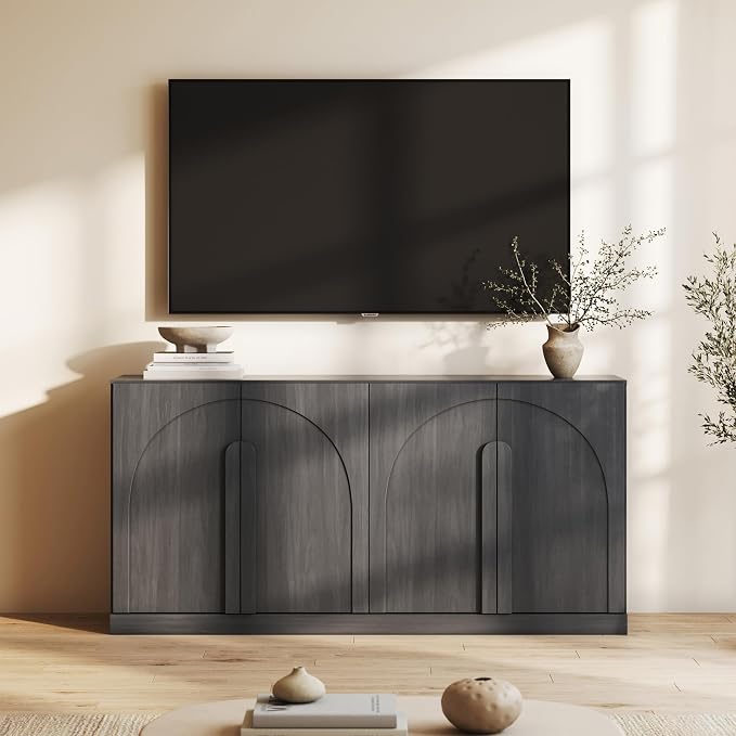 BELLEZE Bijou 64" Modern Buffet Sideboard, Mid-Century Arch Carved Wood Door - Image 5