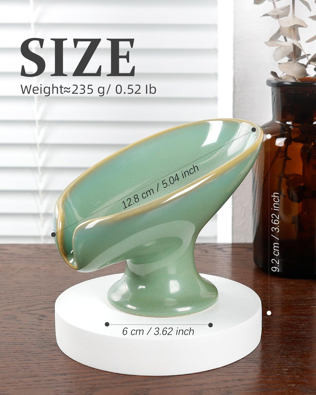 Soap Dish, Self Draining Bar Soap Holder for Bathroom Sink, Leaf Shaped Drainage Ceramic Mint Green Porcelain Decorative Soap Dish, No Suction Cup, ANTIS'S HOME