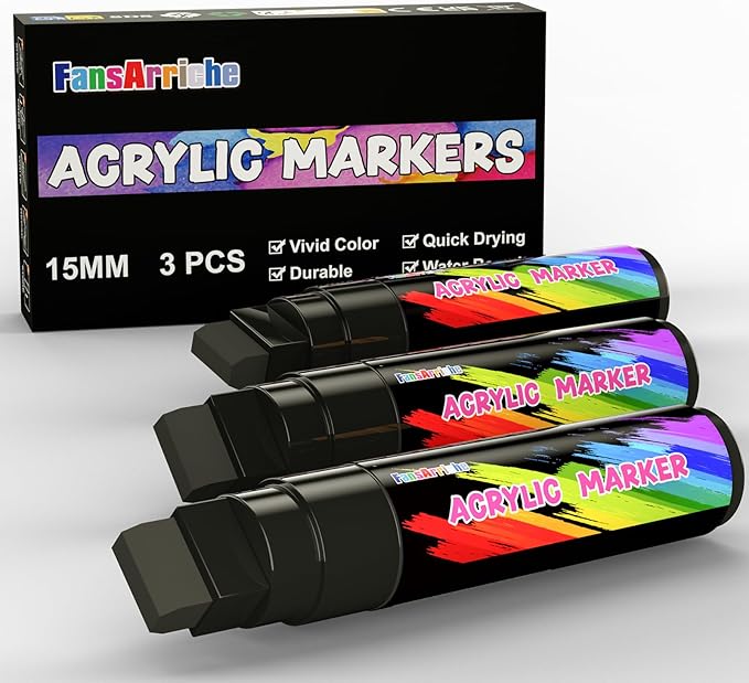FansArriche Jumbo Poster Markers, 3 Black 15mm Acrylic Paint Markers | by FansArriche