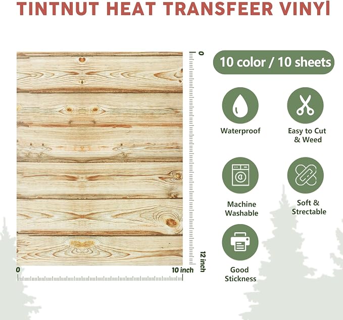 Tintnut Wood Pattern Heat Transfer Vinyl, 10 Sheets 12×10in Iron on Vinyl | - Image 2