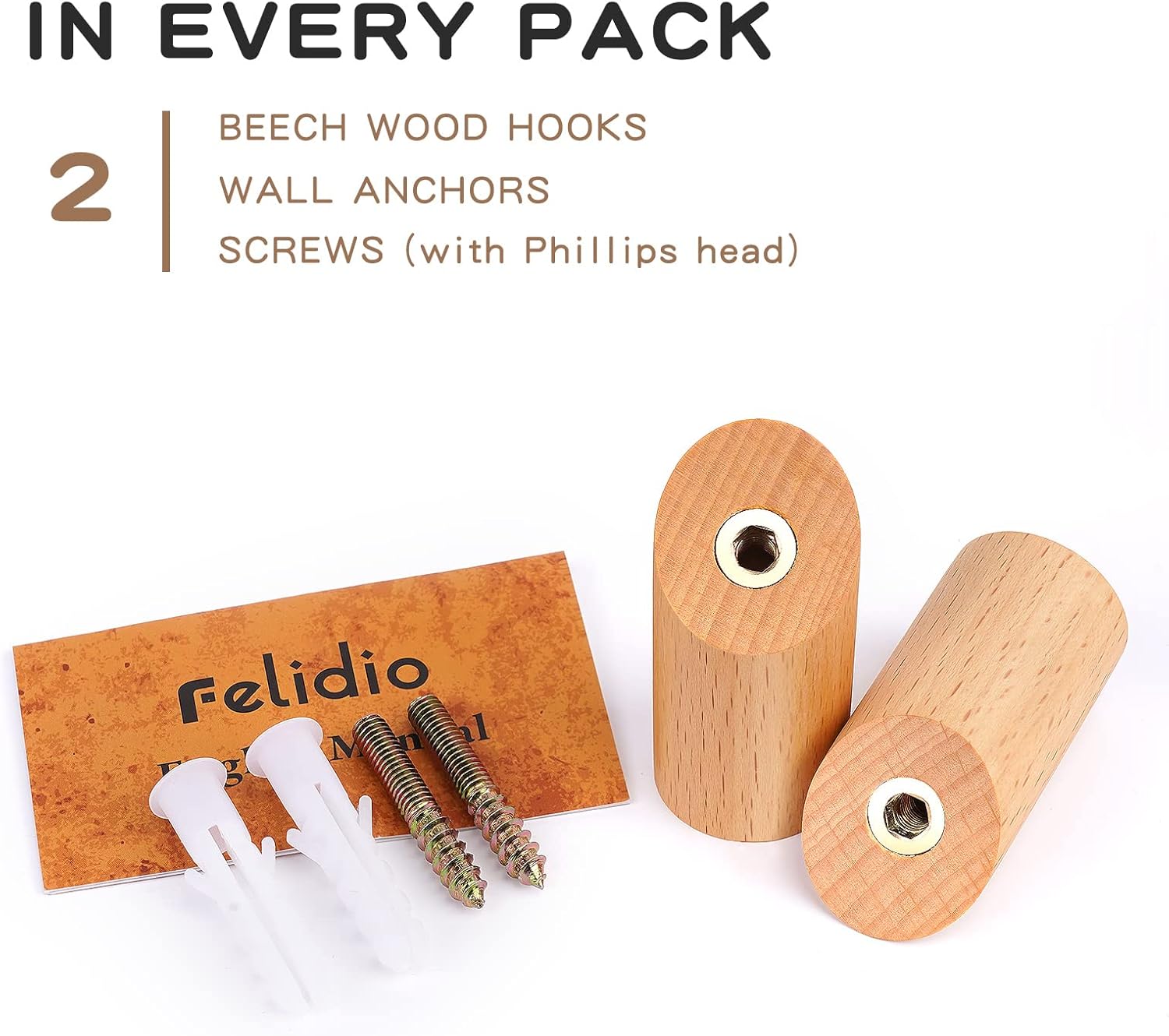 Wooden Wall Hooks, 2 Pack Coat Hooks Wall Mounted - Natural Wood Hook Coat Rack, Heavy Duty Hooks for Hanging Towels Entryway Coats Hat Rack for Wall (Beech Wood)