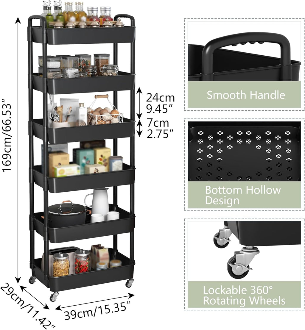 Sywhitta 6-Tier Plastic Rolling Utility Cart with Handle, Multi-Functional Storage Trolley for Office, Living Room, Kitchen, Movable Storage Organizer with Wheels, Black