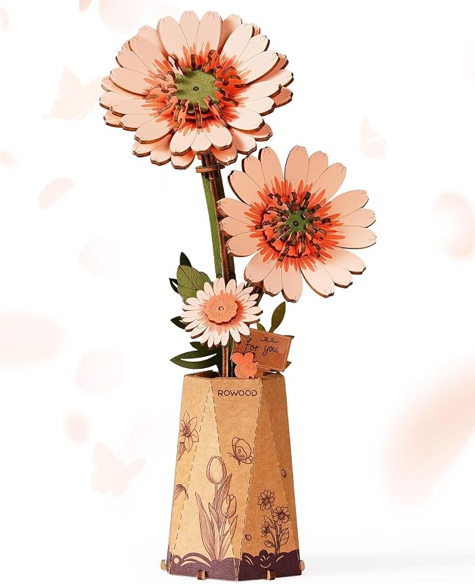 3D Flower Wooden Puzzles for Adults-Gerbera Daisy, DIY Wooden Flowers Model Kit - Image 2