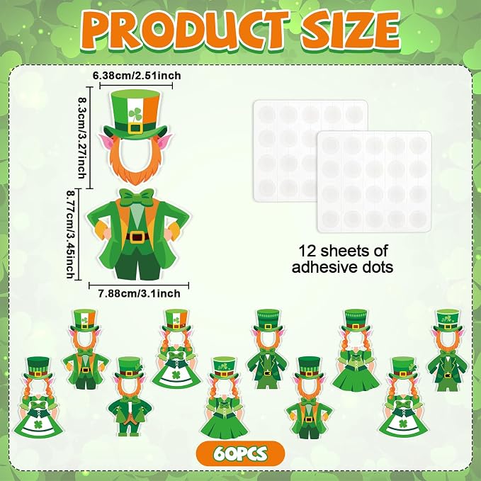 OBUSATT 60 Pcs St. Patrick's Day Leprechaun Hats Theme Cutouts Hat and Beard - Image 2