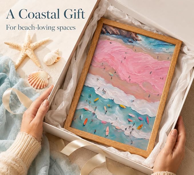 Framed Pink Girl Coastal Canvas Wall Art, Beach Surfers on Pastel Sand Painting - Image 8