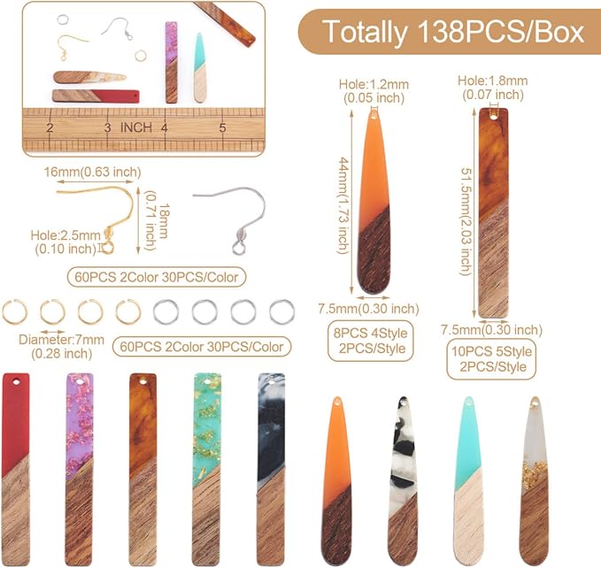 FASHEWELRY 18Pcs Wood Resin Earrings Charms Long Drop & Bar Shape Wooden - Image 5