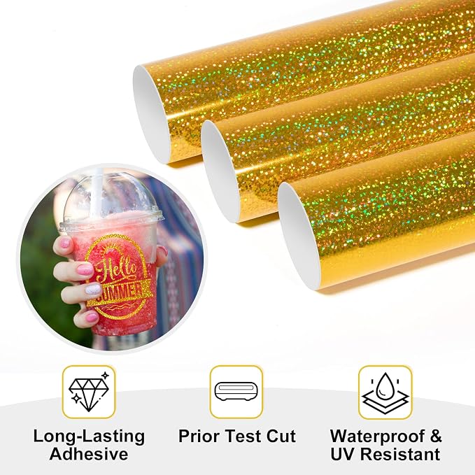 TECKWRAP Sparkle Gold Shimmer Vinyl Gold Glitter Permanent Vinyl Holographic - Image 3