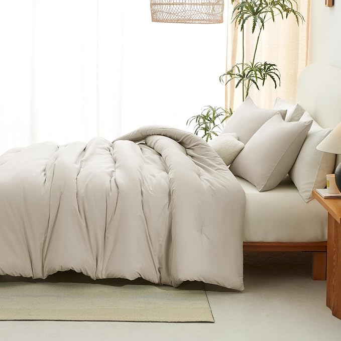 CozyLux Queen Comforter Set Oatmeal, 3 Pieces Solid Comforters Queen Size - Image 8