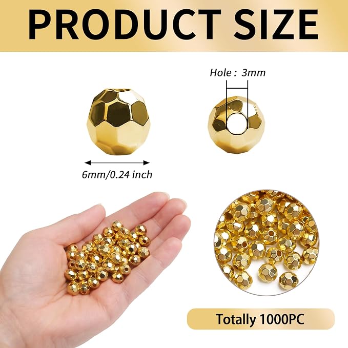 BONNY BOXX 500pcs 8mm Acrylic Faceted Round Crystal Beads Gold Loose Spacer - Image 3