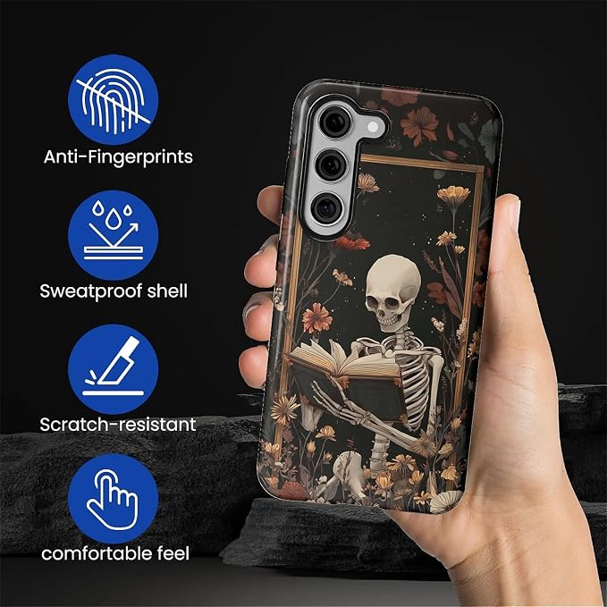 Case for Samsung Galaxy S23 Plus Case, Skeleton Reader Goth Floral Design - Image 3
