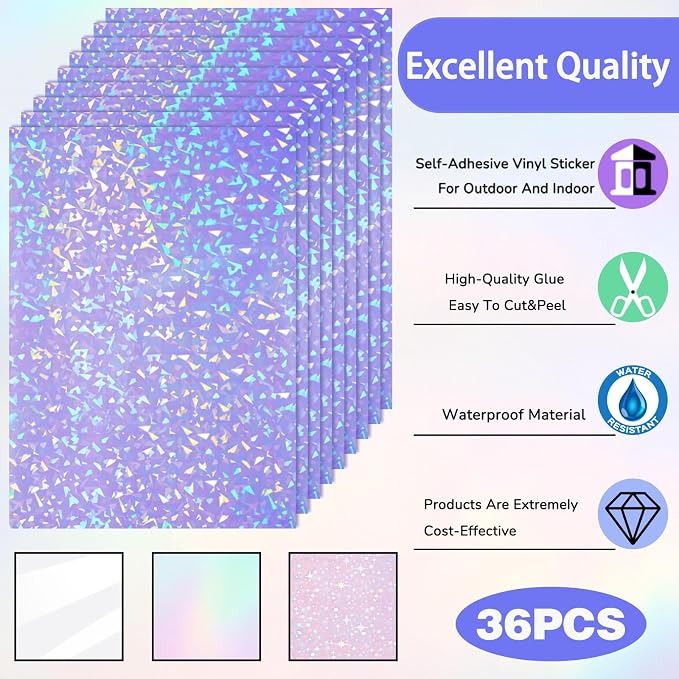 Clabby 36 Sheets Holographic Sticker Paper A4 Vinyl Holographic Laminate Sheets - Image 4