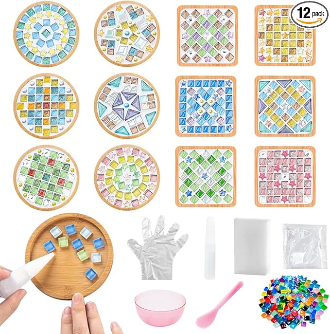 12 Sets DIY Glass Mosaic Tiles for Crafts Mixed Color Mosaic Kits by Adboros