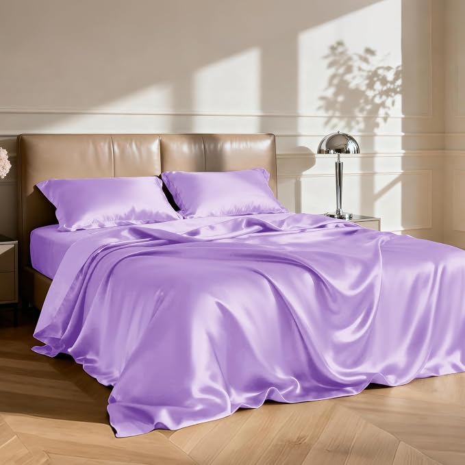 Love's cabin 4Piece California King Satin Bed Linen Set, Lavender Silky Satin - Image 2