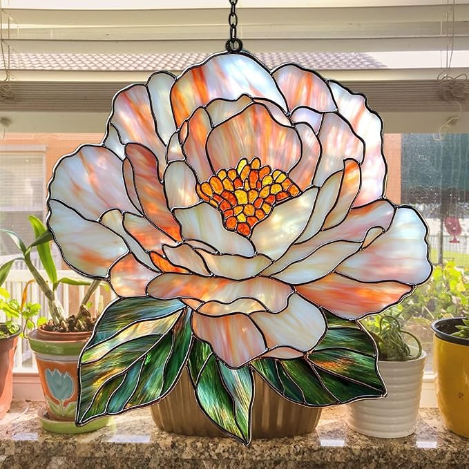Pastel Pink Peony Acrylic Suncatcher Stained Glass Effect Window Car Hanging - Image 4