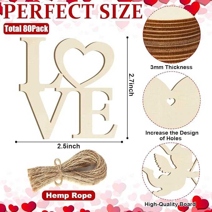 80PCS Wooden Heart Ornaments to Paint Valentine's Day Craft, 10 Styles DIY - Image 7
