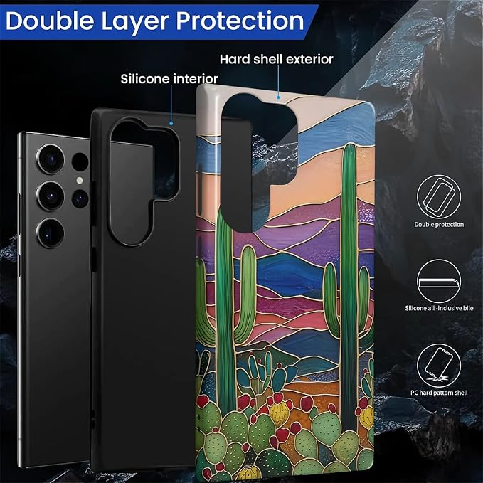 for Samsung Galaxy S23 Ultra Case, Stained Glass Cactus Pattern Glossy 2 in 1 - Image 2
