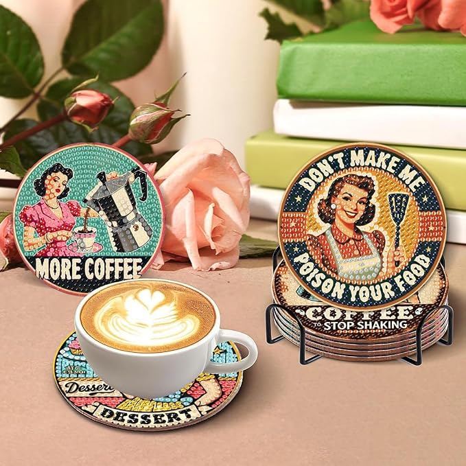 8Pcs Retro Housewife Diamond Art Coasters Kit, Vintage Coffee Diamond Painting - Image 3