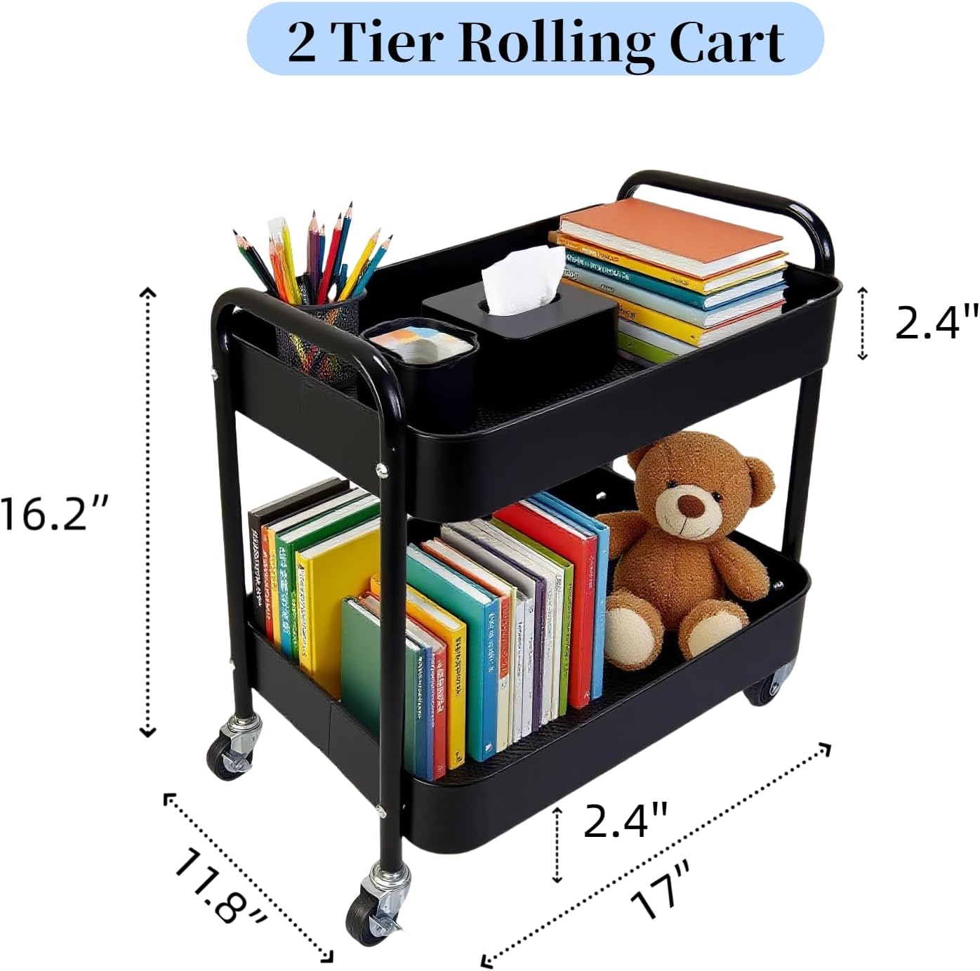 2 Tier Rolling Cart with Wheels for Under Desk Storage & Pantry Storage, Large Capacity Laundry Room & Makeup Organizer, Sturdy Kitchen Utility Cart for Small Space with 4 Hooks, Black