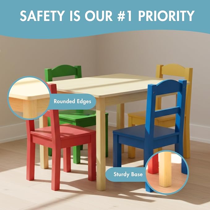 Humble Crew Kids Wooden Table and 4 Chairs Set, Natural/Primary - Image 6