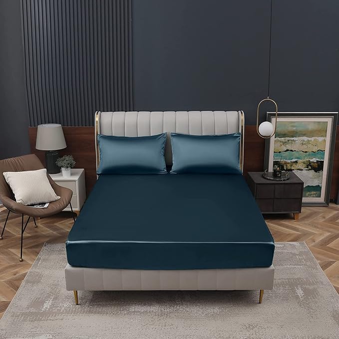 Homiest Deep Sea Blue Satin Fitted Sheet Twin XL Size, Deep Pocket, Luxury & - Image 2