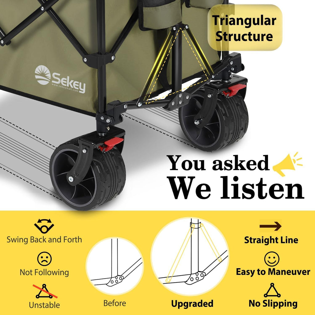 Sekey 48''L Collapsible Foldable Extended Wagon with 440lbs Weight Capacity, Heavy Duty 300L Folding Utility Garden Cart with Big All-Terrain Beach Wheels & Drink Holders. Khaki