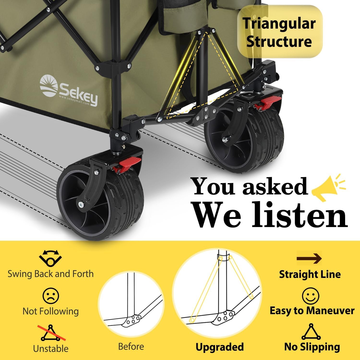 Sekey 48''L Collapsible Foldable Extended Wagon with 440lbs Weight Capacity, Heavy Duty 300L Folding Utility Garden Cart with Big All-Terrain Beach Wheels & Drink Holders. Khaki