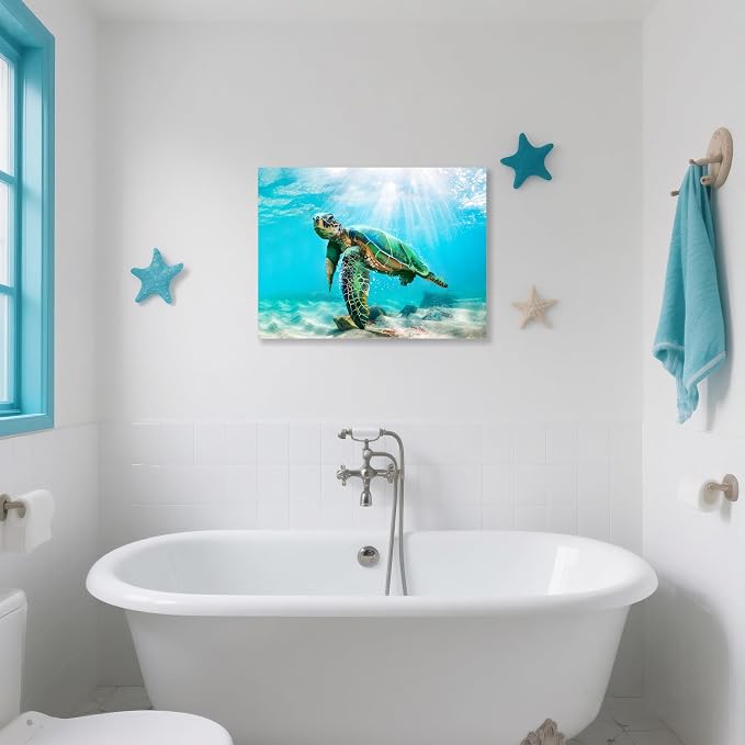 JAPO ART Green Sea Turtle Wall Art Submarine Picture Blue Ocean Animal Painting - Image 5