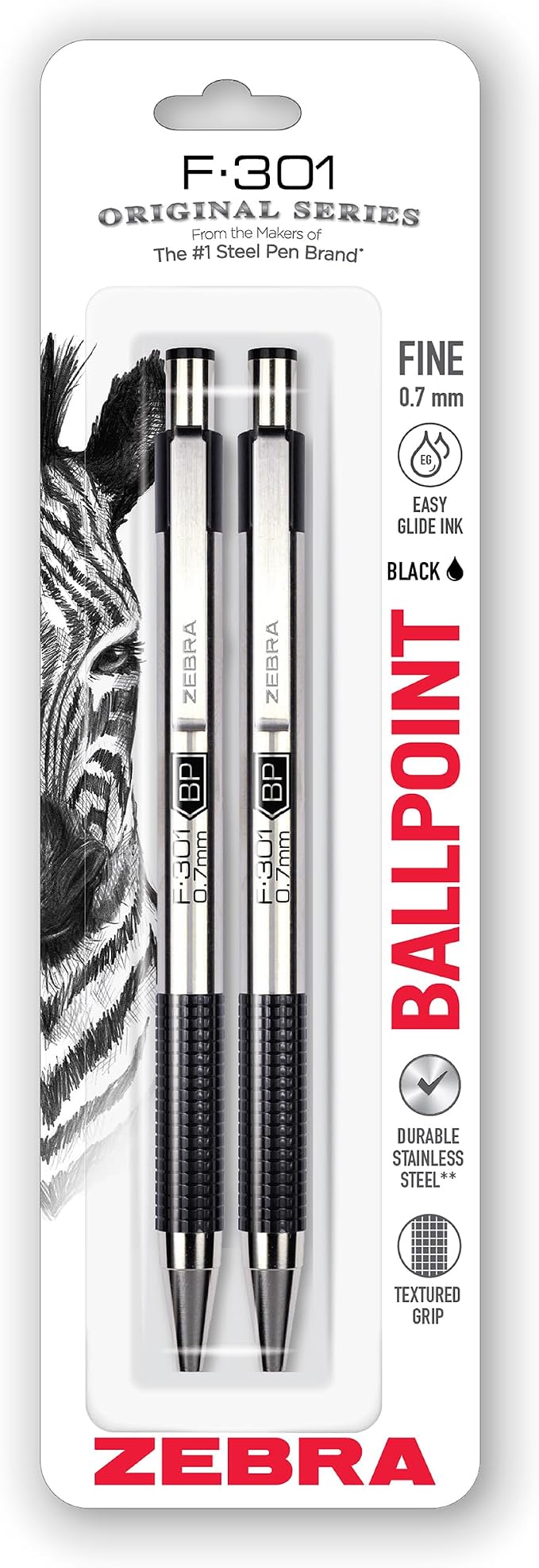 Zebra Pen F-301 Ballpoint Black Ink Fine Point 0.7mm Pen, Easy-Glide Ink by ZebraPen