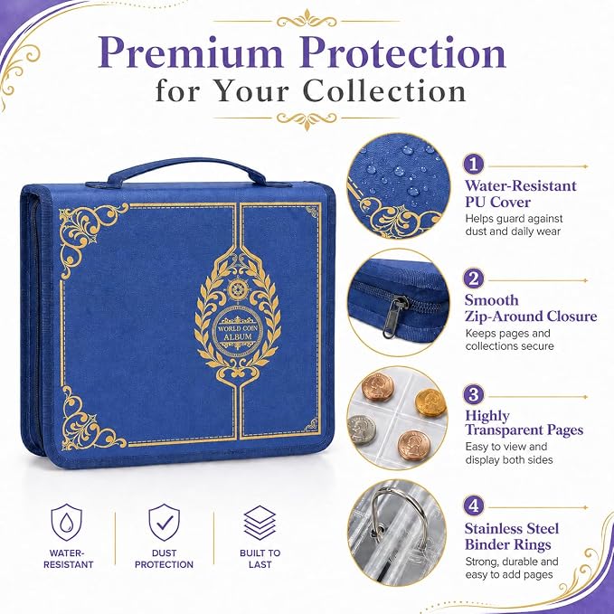 ANKHOH Zippered Coin Collection Book, 200 Pockets and 30 Bill Sleeves | PU - Image 3
