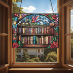 Rectangle Whimsical Dragon On Bookshelves Stained Glass Suncatcher Stained - Image 4