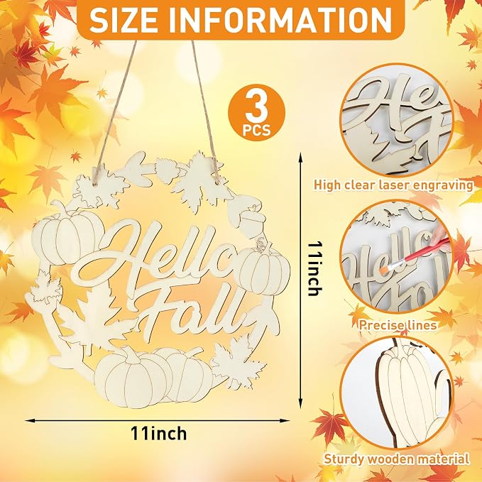 Unfinished Fall Wreaths Wood Crafts to Paint Set of 3, Unfinished Wood Cutouts - Image 2