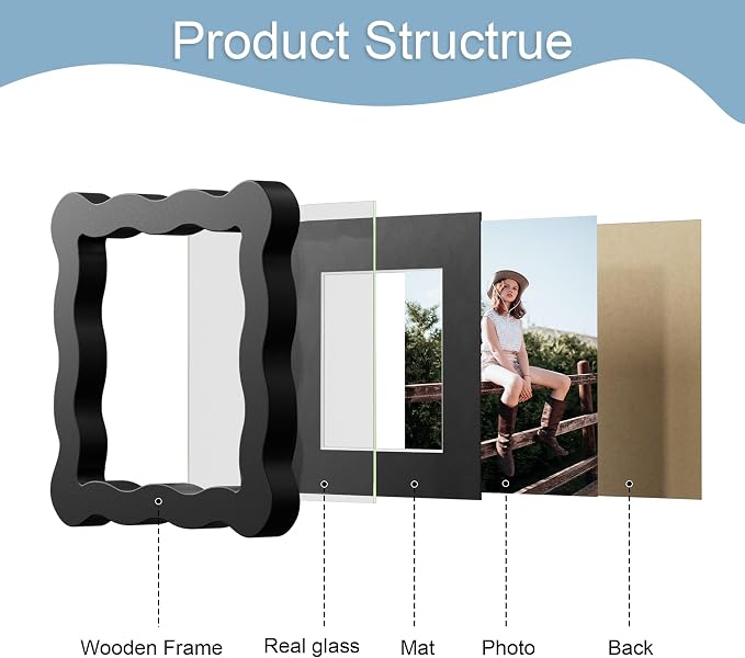 4x4 Picture Frame with Mat for 3x3, Wavy Edge Wooden Real Glass Photo Frame for - Image 5
