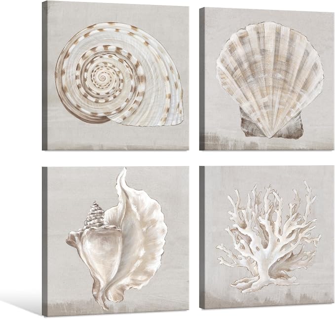 JAPO ART White Sea Shells Pictures Coral Wall Decor Beach Canvas Wall Art - Image 2
