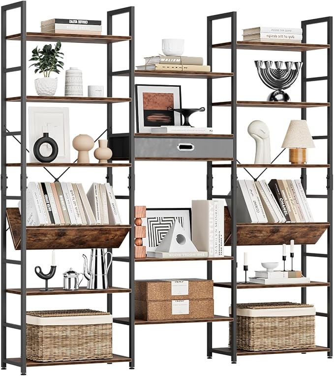 NUMENN Bookcases and Bookshelves Triple Wide 6 Tier Bookshelf, Large Etagere - Image 3