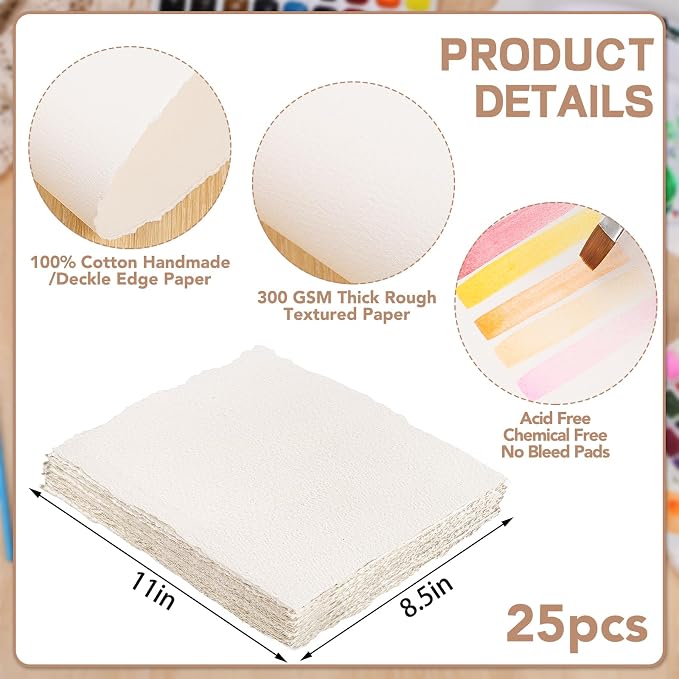 25 Sheets Watercolor Paper 8.5 x 11, 300 GSM Deckled Edge Paper Rough/Textured - Image 2