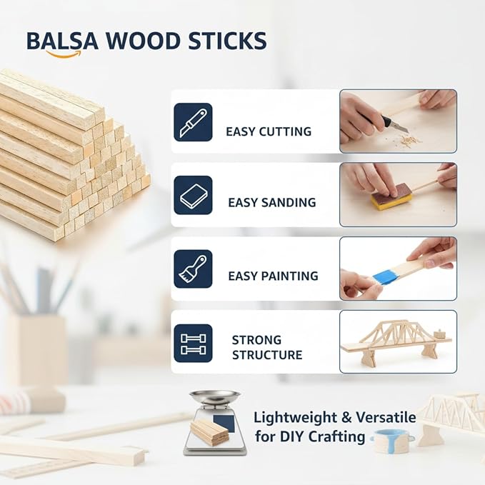 Yulejo 50 Pieces Balsa Wood Sticks, 1/2 x 1/2 x 12 Inch Square Wooden Dowels - Image 3