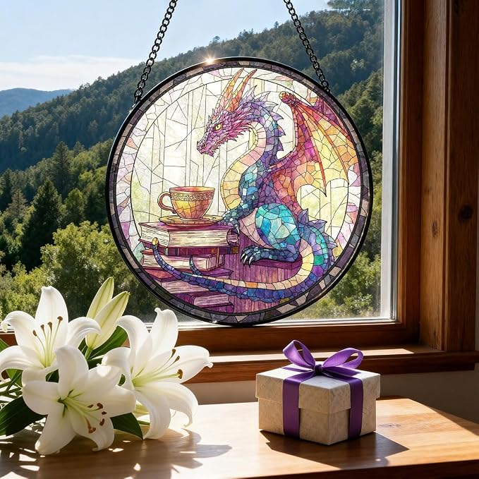 Greatingreat Dragon Stained Glass Window Hanging, Home Room Decor 7.8 Inch Sun - Image 6