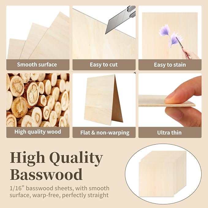 Balsa Wood, Plywood Sheet, Unfinished Basswood Blanks, 12×18×1/8 in, Paint; - Image 4