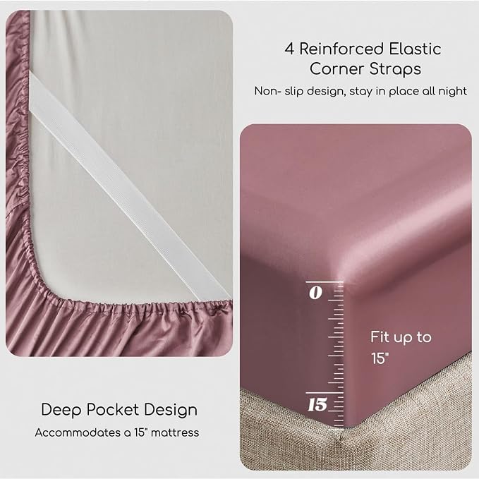 MR&HM Satin Bed Sheets Set, Twin XL, Rose Taupe, 600 Thread Count, 15 Inches - Image 4