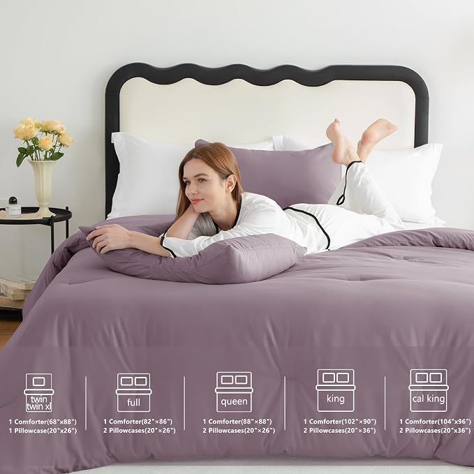 CozyLux Full Size Comforter Set Dusty Purple, 3 Pieces Solid Breathable Bedding - Image 6