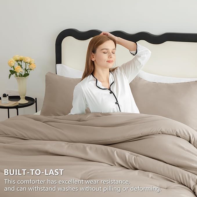 CozyLux Full Size Comforter Set Khaki, 3 Pieces Solid Breathable Quilted - Image 3