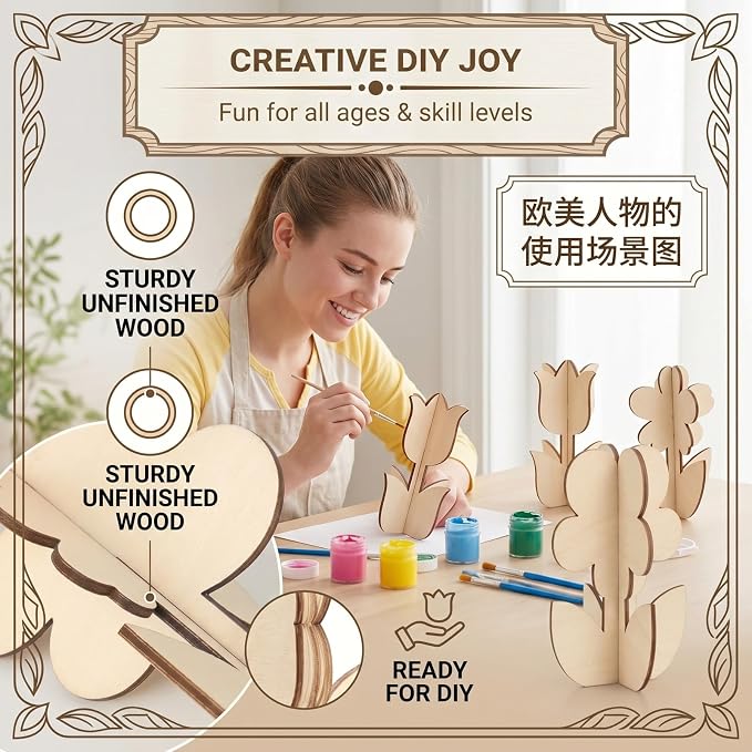 24-Piece 3D Craft Set Wooden Unfinished Wood Crafts Flowersspring Crafts - Image 5