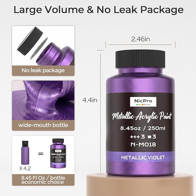 Nicpro Metallic Violet Acrylic Paint, 8.45oz/250ml Purple Craft Paint, | Large - Image 3