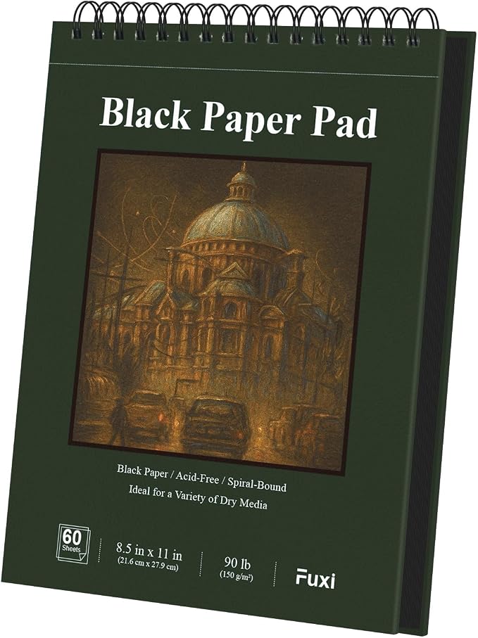 Fuxi Black Paper Notebook, 60 Sheets Spiral Sketchbook 8.5 x 11, Hardcover | by SketchBook