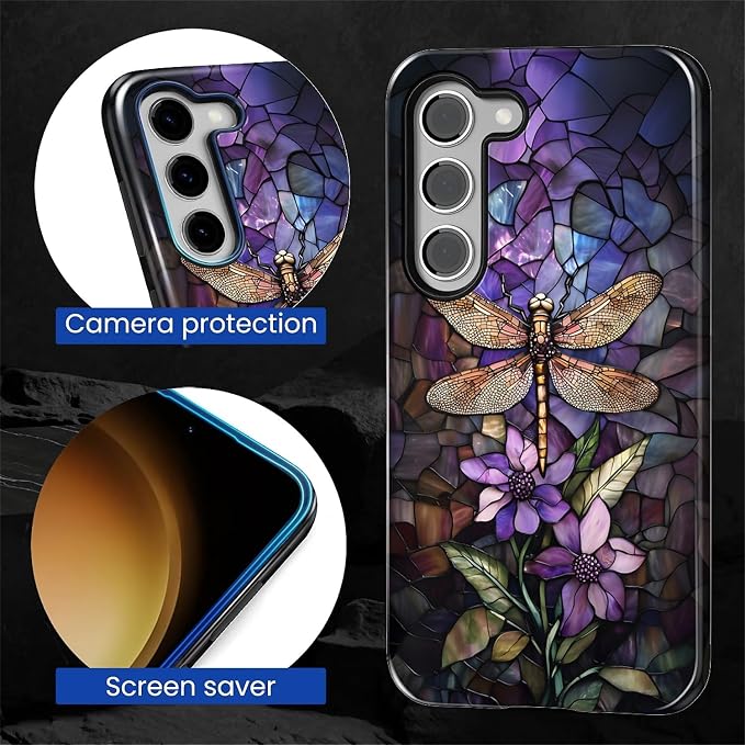 for Samsung Galaxy S23 Case, Stained Glass Dragonfly Pattern Glossy 2 in 1 - Image 6