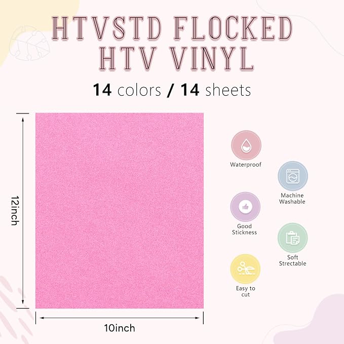 HTVSTD Colorful Flock HTV Heat Transfer Vinyl 14pcs 12×10in | Flocked Iron on - Image 2