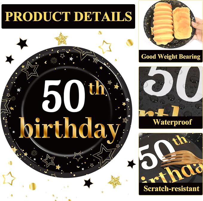Qyeahkj 48Pcs 50th Birthday Paper Plates and Napkins Black and Gold Happy - Image 3